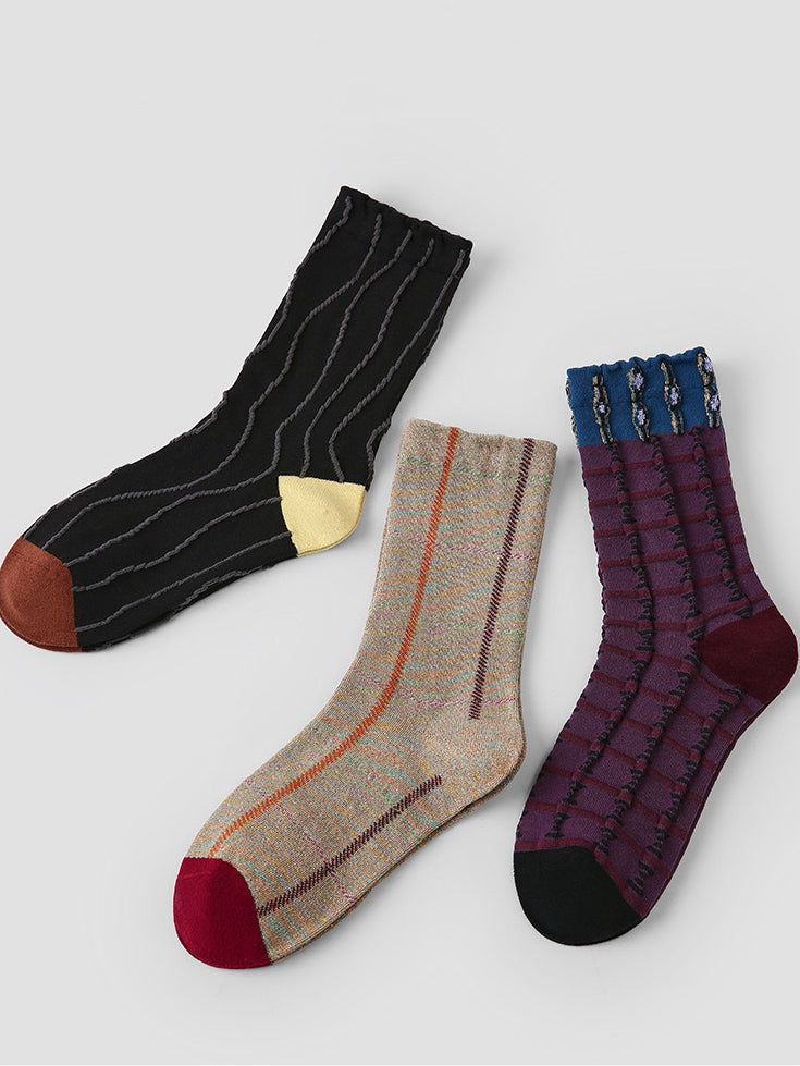 Striped Embossed Texture Mid- Calf Socks(Set of 3)