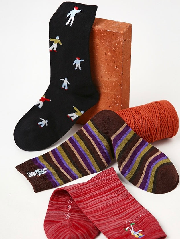 Striped Embroidered Illustration Cotton Socks（Set of 3）