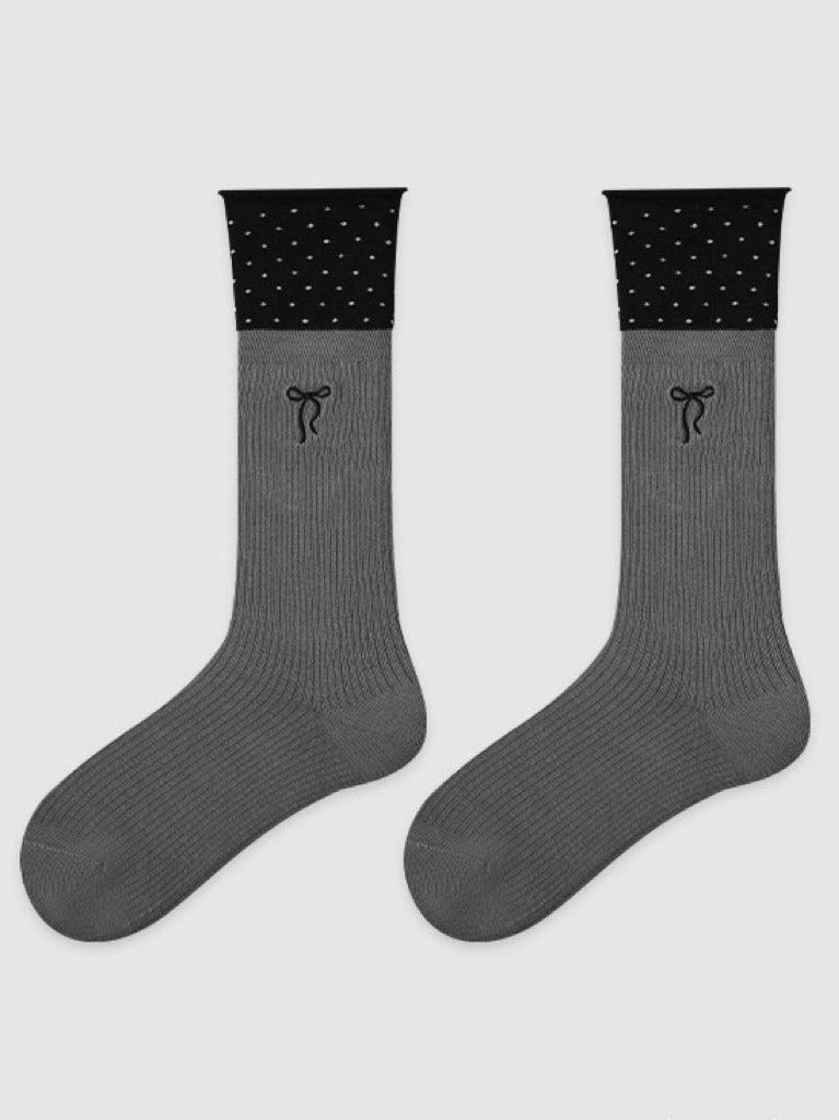 Grey Polka-Dot Bow Mid-Calf Socks