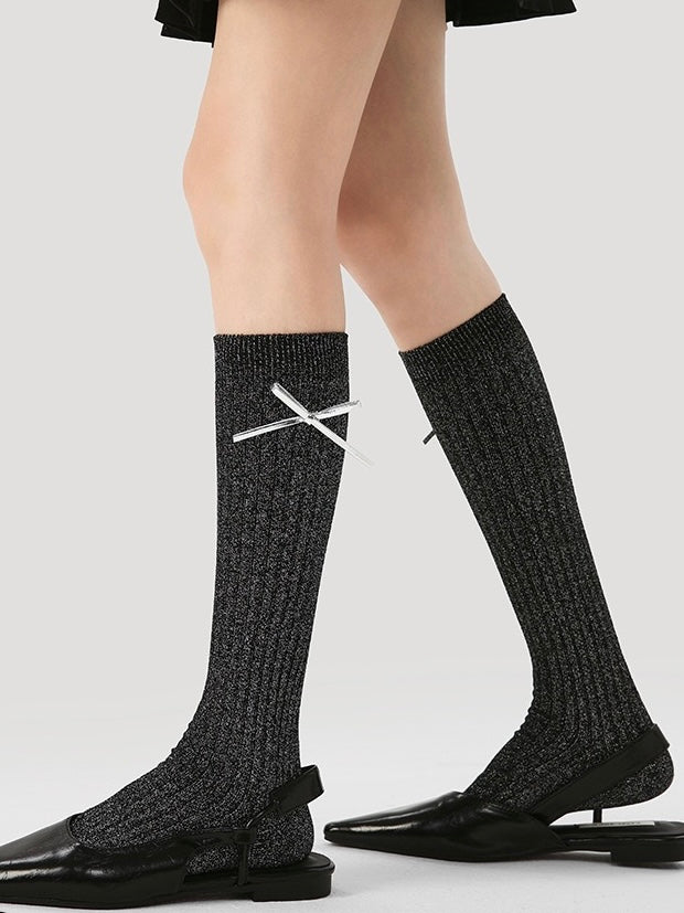 Knee-High Socks with Silver PU Bow