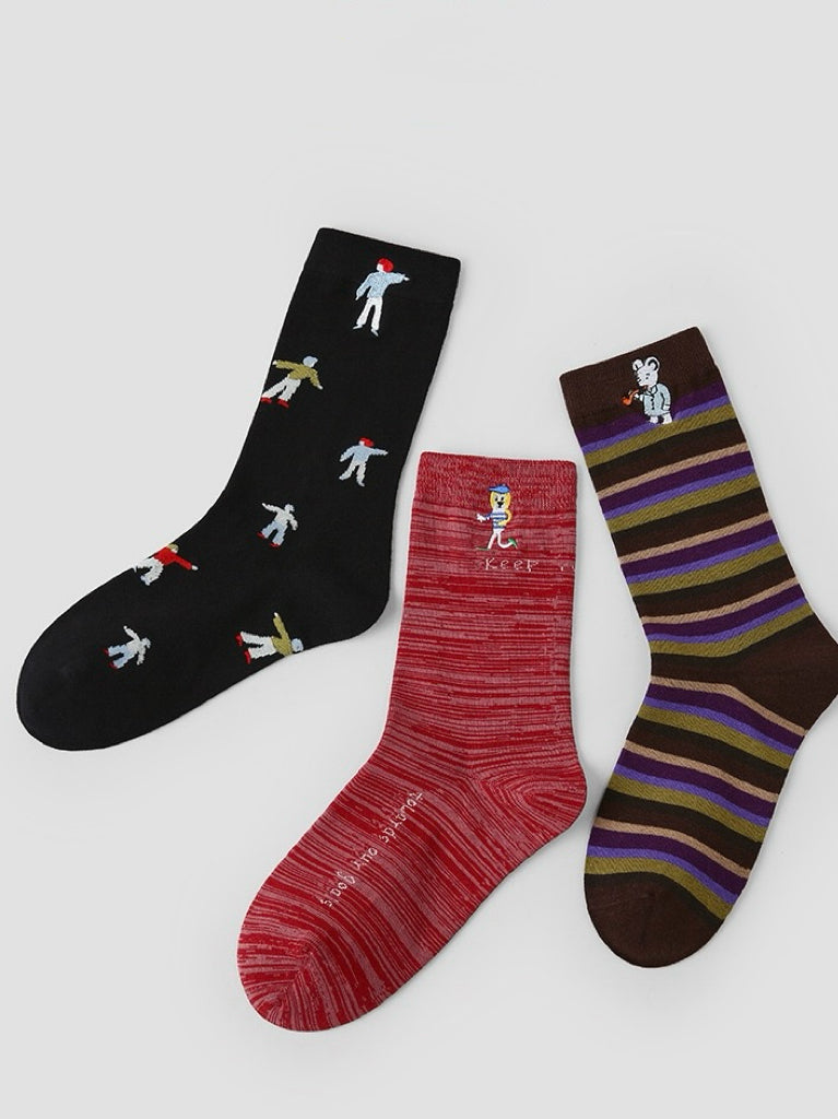 Striped Embroidered Illustration Cotton Socks（Set of 3）