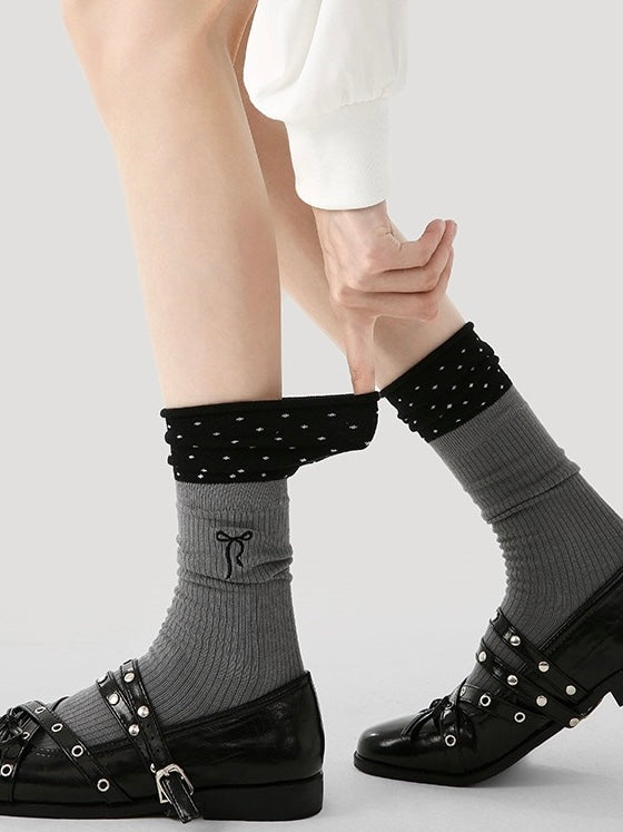Grey Polka-Dot Bow Mid-Calf Socks