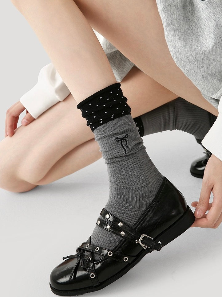 Grey Polka-Dot Bow Mid-Calf Socks