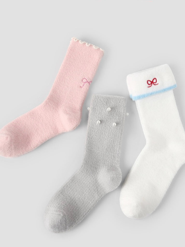 Ballet-Core Bow Embroidery Pearl Crew Socks