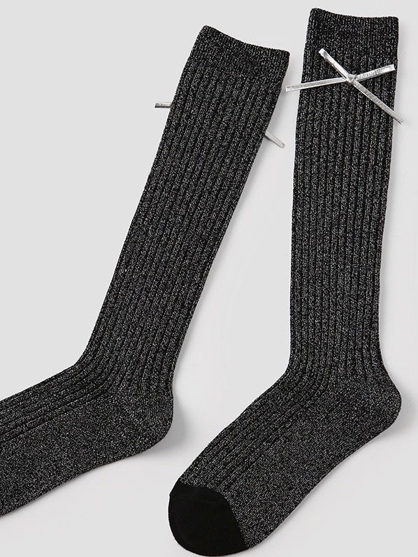 Knee-High Socks with Silver PU Bow
