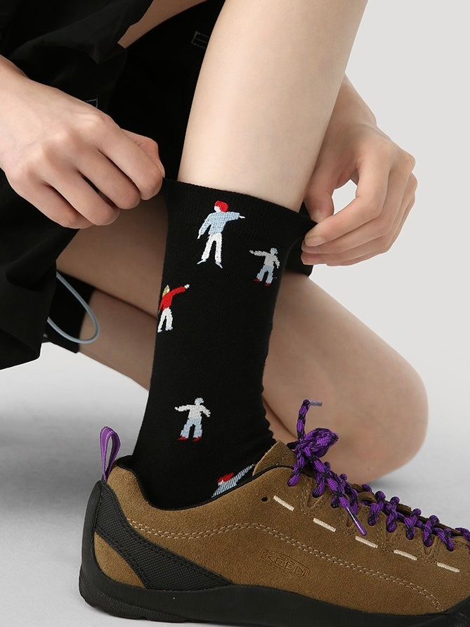 Striped Embroidered Illustration Cotton Socks（Set of 3）