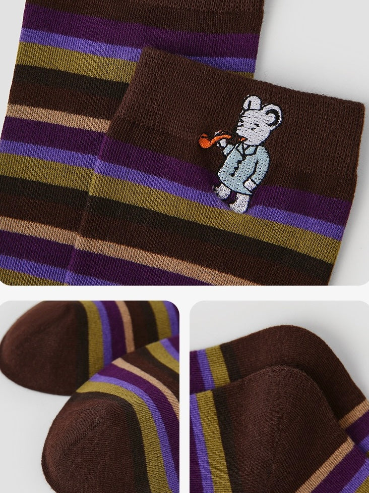 Striped Embroidered Illustration Cotton Socks（Set of 3）