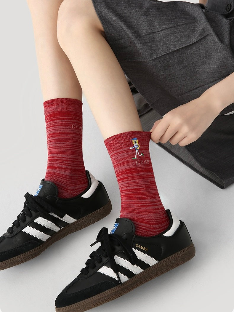 Striped Embroidered Illustration Cotton Socks（Set of 3）