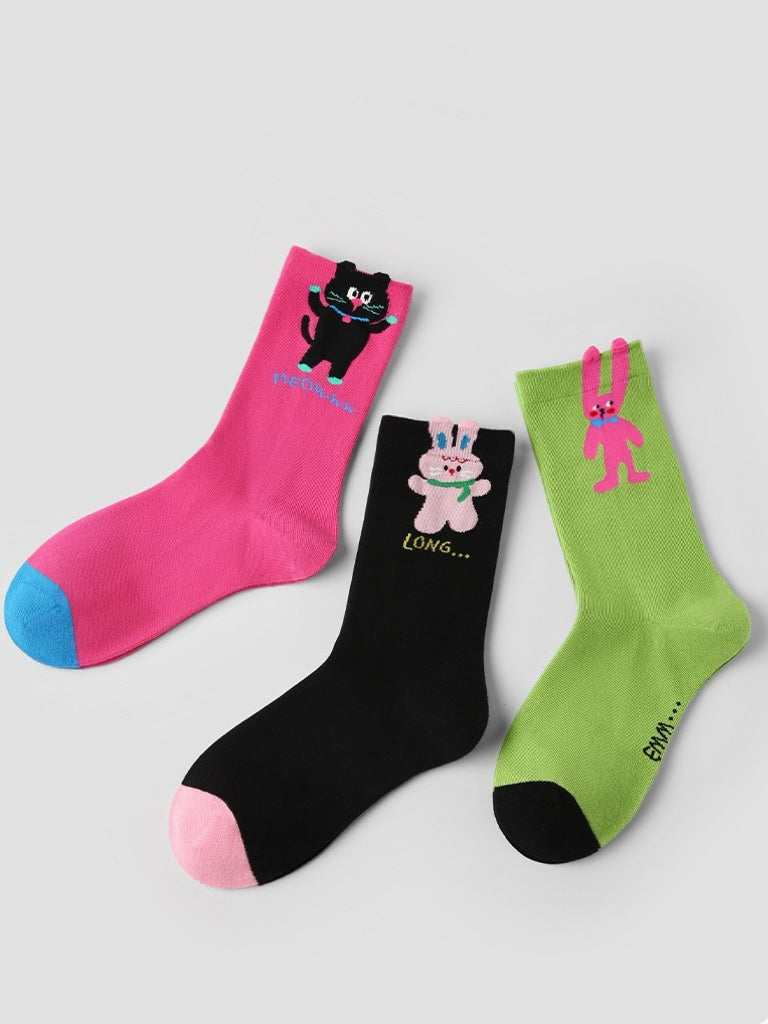 Mood-Boosting Colors Cat & Rabbit Socks (3 Pairs per Set)