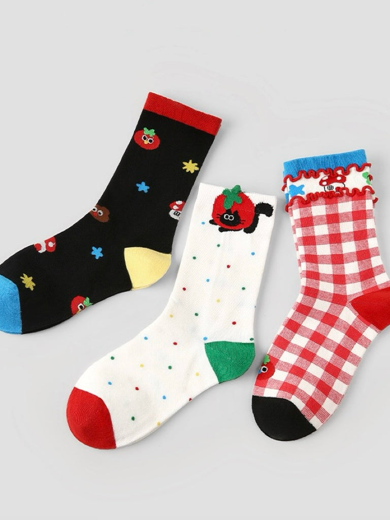 Tomato Checkered Cute Socks（Set of 3）