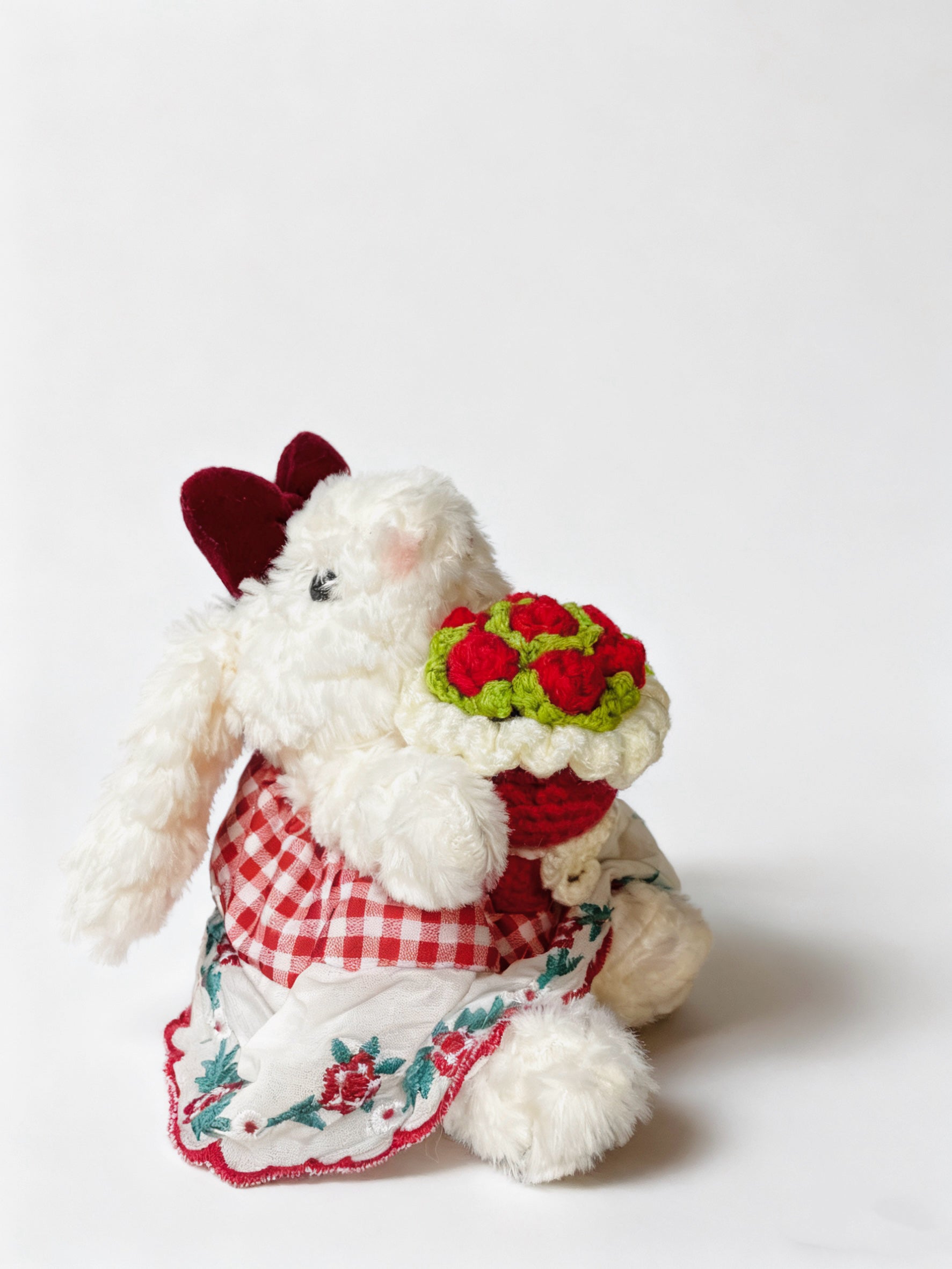 Plush Bunny Keychain with Velvet Bow, Plaid Dress & Handmade Crochet Rose