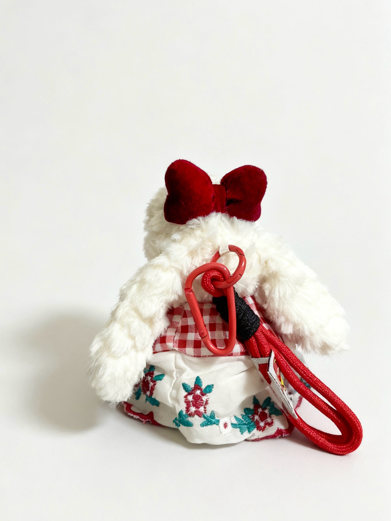 Plush Bunny Keychain with Velvet Bow, Plaid Dress & Handmade Crochet Rose