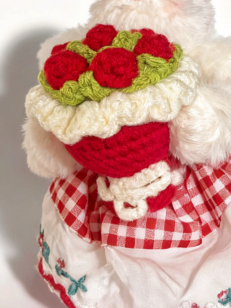 Plush Bunny Keychain with Velvet Bow, Plaid Dress & Handmade Crochet Rose